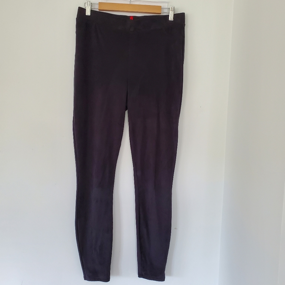 SPANX Sz L Black Soft Faux Suede Legging Pants Stretch Faux Pockets 29" Inseam